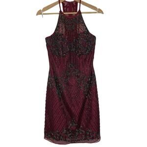 SHERRI HILL Maroon Size: 6 Beaded Halter Open Back Cocktail Homecoming Dress